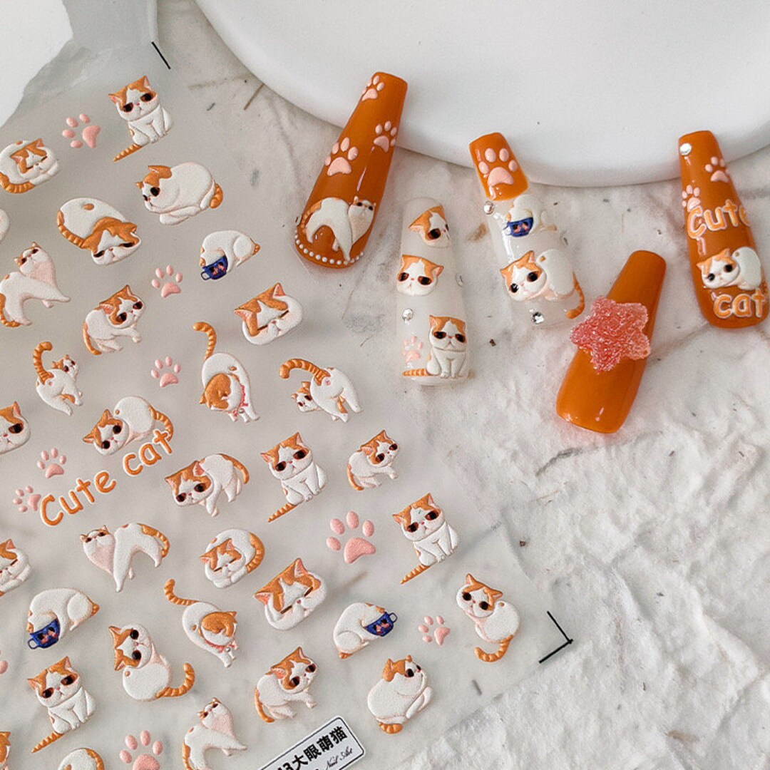 5D Cute Cat Nail Stickers, Cat Nail Decals, Animal Nail Stickers