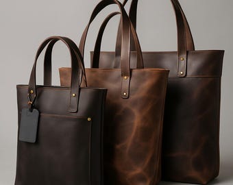 Personalized Full Grain Leather Tote Bag with Laptop Sleeve