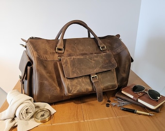 Personalized Full Grain Leather Duffle Bag Handmade Weekender for Travel Mens Large Overnight Gym Bag Groomsmen Gift Handcrafted Luggage