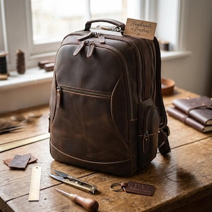 May include: A brown leather backpack with multiple zippered compartments and a top handle. A tag that says "Handmade in London" is attached. Other leather goods and tools are on the wooden surface.