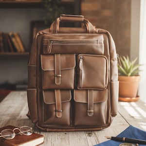 Personalized Full Grain Leather Backpack for Laptop 15.6 inch Handmade Travel Rucksack Mens Work Bag Professional Commuter Daypack Durable