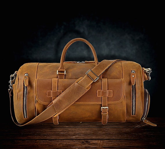 Personalized Leather Duffle Bag With Shoe Pocket Front Pocket Gym