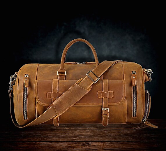 Personalized Leather Duffle Bag With Shoe Pocket Front Pocket Gym