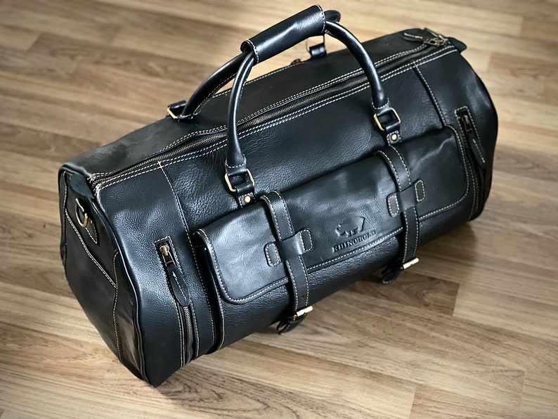 Handmade Genuine Cow Leather Duffle Overnight Weekender Bag For Travel, Gum, Work Duffle Bag Milled Premium Finish With Shoe Pocket For Him image 2