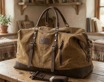 Personalized Waxed Canvas Duffle Bag with Leather Trim – Travel Weekender Gym Overnight Bag