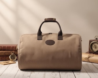 Personalized Waxed Canvas Duffle Bag: Leather Trim Weekender, Groomsmen Gift