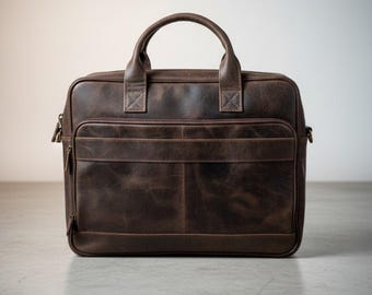 Handmade Full Grain Leather Mens Work Laptop Bag: Vintage Crazy Horse Briefcase (17" inch)