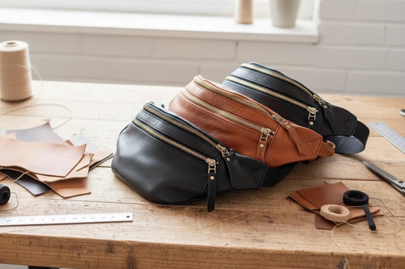 Handmade Cow Leather Crossbody Fanny Pack: Dual Zipper Travel Pouch image 2