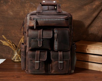 Personalized Full Grain Leather  Backpack Corporate Gift Men Women with Laptop Divider Vintage Brown Leather 5 pocket Travel Backpack Gift