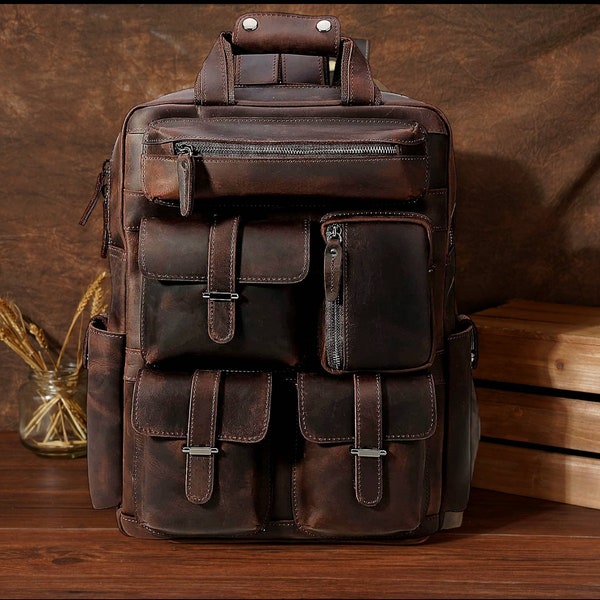 Personalized Full Grain Leather  Backpack Corporate Gift Men Women with Laptop Divider Vintage Brown Leather 5 pocket Travel Backpack Gift