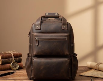 Personalized Full Grain Leather Backpack for Laptop 15.6 inch Handmade Travel Rucksack Mens Work Bag Professional Commuter Daypack Durable