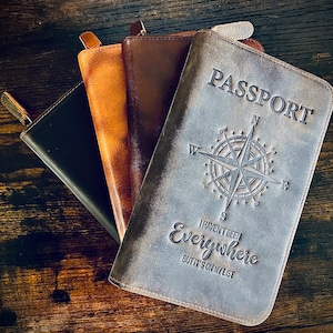 Cartera de pasaporte personalizada de cuero de grano superior, tarjetero familiar con protección RFID y cremallera YKK, regalo de cuero premium.