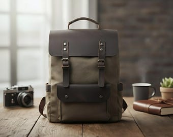 Handmade Waxed Canvas Backpack Vintage Leather Rucksack Waterproof College School Bag Personalized Laptop Bag Outdoor Adventure Daypack