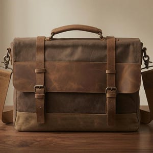 Personalized Waxed Canvas Laptop Messenger Bag: Leather Trim Office Bag