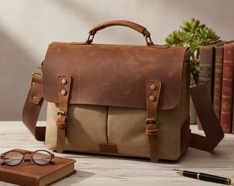 Sacoche pour ordinateur portable en toile cirée personnalisée : Sacoche de bureau avec garniture en cuir