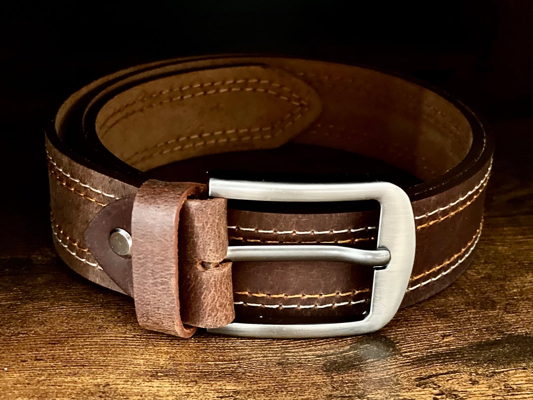 Handmade Contrast Stitching Leather Belt Crazy Horse Thick Leather