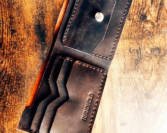 Portefeuille à deux volets en cuir pleine fleur avec poche pour monnaie cousu main – Crazy Horse cuir vintage