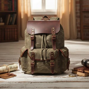 Personalized Waxed Canvas Backpack: Leather Trim, Water Repellent