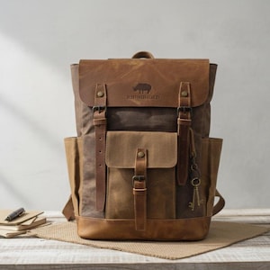 Personalized Waxed Canvas Backpack: Leather Trim, Water Repellent