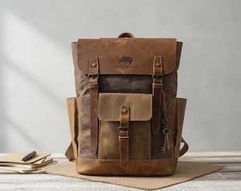 Personalized Waxed Canvas Backpack: Leather Trim, Water Repellent