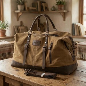 Personalized Waxed Canvas Duffle Bag with Leather Trim – Travel Weekender Gym Overnight Luggage