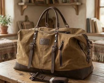 Sac de voyage personnalisé en toile cirée avec garniture en cuir – Sac de week-end pour la salle de sport