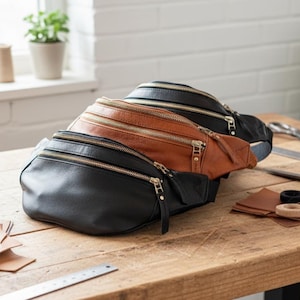 Handmade Cow Leather Crossbody Fanny Pack: Dual Zipper Travel Pouch image 1