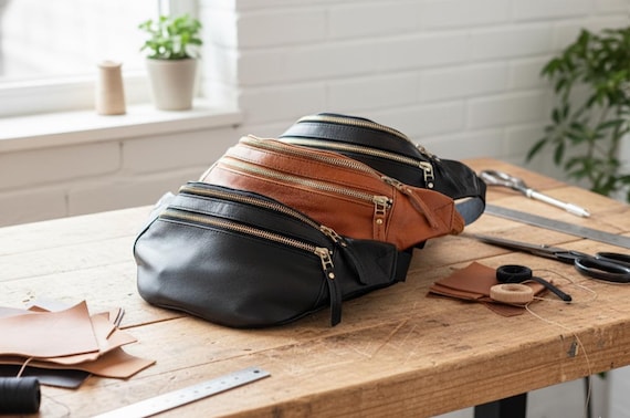 Handmade Cow Leather Crossbody Fanny Pack: Dual Zipper Travel Pouch
