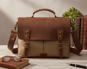 Personalized Waxed Canvas Laptop Messenger Bag: Leather Trim Office Bag