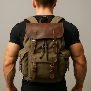 Personalized Wax Canvas Backpack, Canvas Leather Laptop Backpack, Canvas Rucksack,  Canvas Bag, Canvas Backpack, Waterproof backpack, Hiking