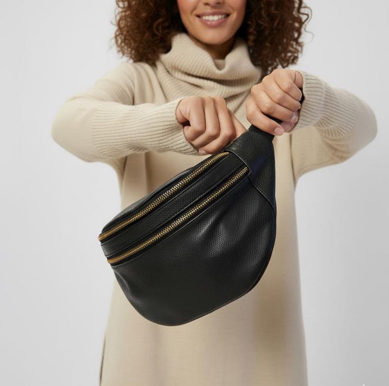 Handmade Cow Leather Crossbody Fanny Pack: Dual Zipper Travel Pouch image 4