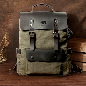 FREE PERSONALIZATION Waxed Canvas Leather Backpack Large 