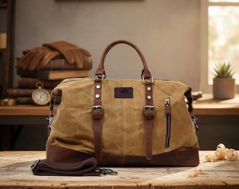 Personalized Waxed Canvas Duffle Bag: Leather Trim Weekender