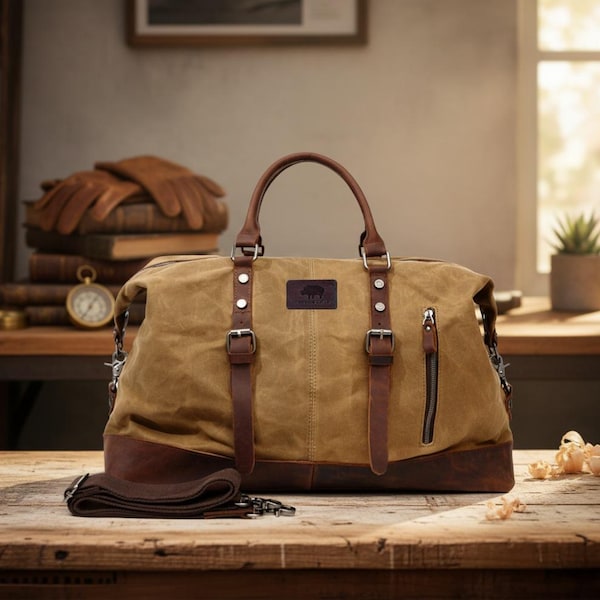 Bolsa de lona encerada personalizada: Bolsa de fin de semana con detalles de cuero