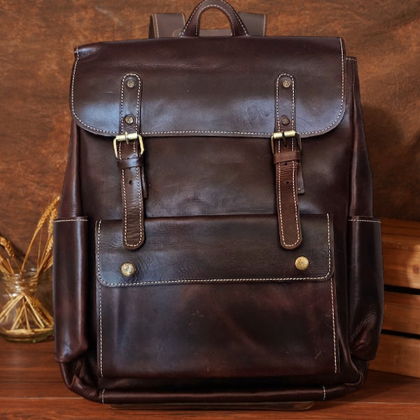 Men Leather Backpack Handmade Genuine Full Grain Unisex Leather Work Travel Laptop Backpack Brown Rucksack Gift for Him Leather Bag for Men