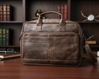 Handmade Full Grain Leather Mens Work Laptop Bag: Vintage Crazy Horse Briefcase (17" inch)