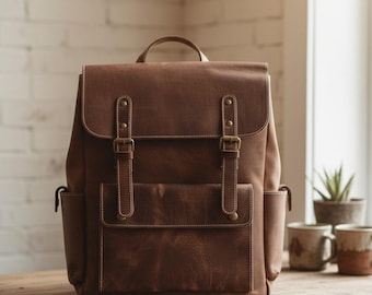 Personalized Full Grain Leather Backpack for Laptop 15.6 inch Handmade Travel Rucksack Mens Work Bag Professional Commuter Daypack Durable