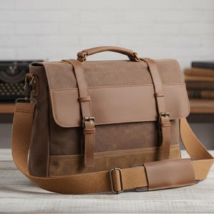 Personalized Waxed Canvas Laptop Messenger Bag: Leather Trim Office Bag