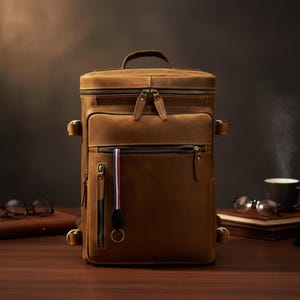 Personalized Full Grain Leather Backpack for Laptop 15.6 inch Handmade Travel Rucksack Mens Work Bag Professional Commuter Daypack Durable