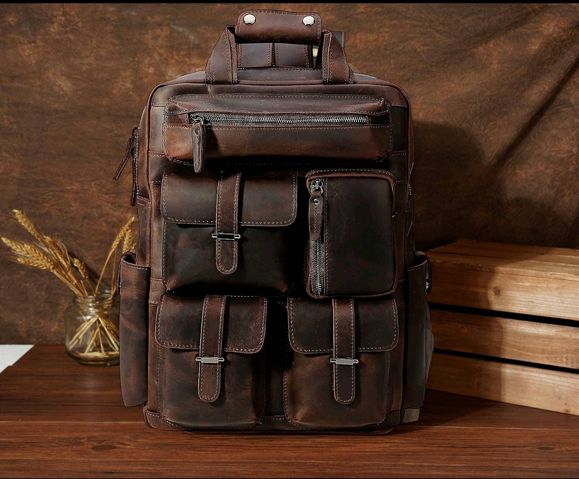 Personalized Full Grain Leather  Backpack Corporate Gift Men Women with Laptop Divider Vintage Brown Leather 5 pocket Travel Backpack Gift