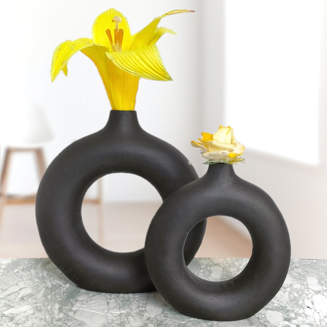 Donut Vase Black Circular Round Double Small and Large Nordic Etsy