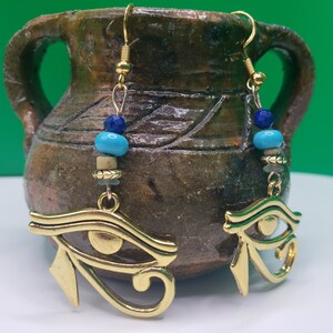 Artifact Earrings (c. 1069-744 BC) with Ancient Egyptian Faience Beads, Roman Empire Heishi Beads (c. 510 BC - 476 AD), and Eye of Horus