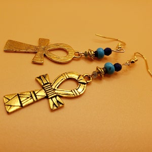 Artifact Earrings: (c. 1069-744 BC) Egyptian Faience Beads, (c. 510 BC - 476 AD) Roman Empire Heishi Beads, and Modern Ankh