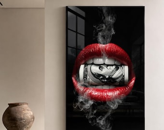 Glazen wanddecoratie met rode lippen en geldmotief, luxe dollarwanddecoratie, kunstwerk met rokende lippen, moderne wanddecoratie in zwart-rood, glamoureuze glazen print