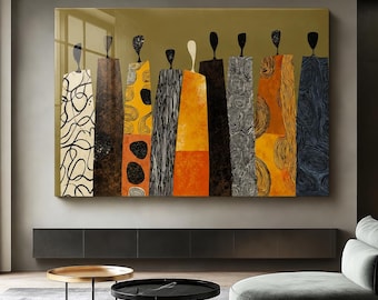 Abstracte Afrikaanse figuren, glazen wanddecoratie, moderne etnische wanddecoratie, mosterd-oranje-zwart kunstwerk, eigentijdse woonkamerdecoratie