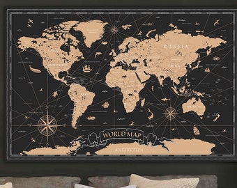 World Map Wall Art, Large Canvas, Adventure Travel Map, Black Color Decoration Object, Home Gift, Office Gift, Living Room Decor