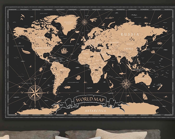 World Map Wall Art, Large Canvas, Adventure Travel Map, Black Color Decoration Object, Home Gift, Office Gift, Living Room Decor