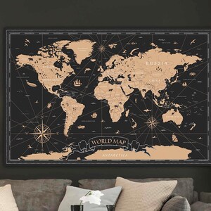 Weltkarte Wandkunst, große Leinwand, Abenteuer Reise Karte, schwarze Farbdekoration Objekt, Wohn geschenk, Büro Geschenk, Wohnzimmer Deko