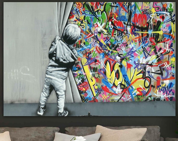 Behind the Curtain | Banksy Style Canvas Art | Street Graffiti Art Print | Modern Home Decor | Banksy Wall Print | Large Framed Wall Art Set