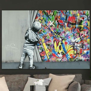 Behind the Curtain | Banksy Style Canvas Art | Street Graffiti Art Print | Modern Home Decor | Banksy Wall Print | Large Framed Wall Art Set